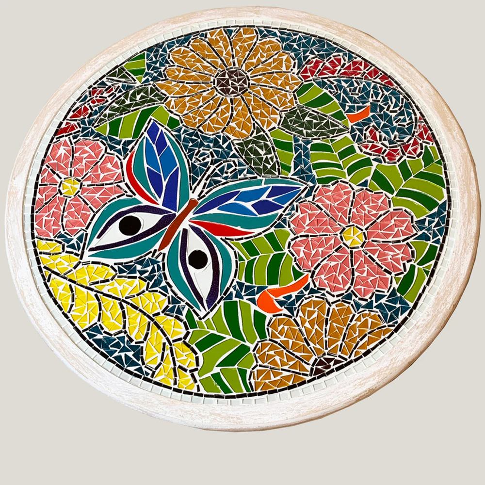 Centro De Mesa Giratóri Desenho Flores e Borboleta Em Mosaico 50cm